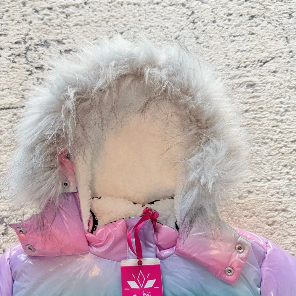 NWT-Girls Justice Sparkle Sherpa Classic Puffer Jacket Faux Fur Hood Sz 5/6 XS